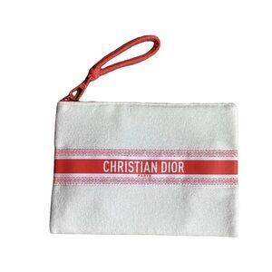 Authentic Christian Dior Terry Cloth Cosmetic Clutch/Wristlet in Coral + White